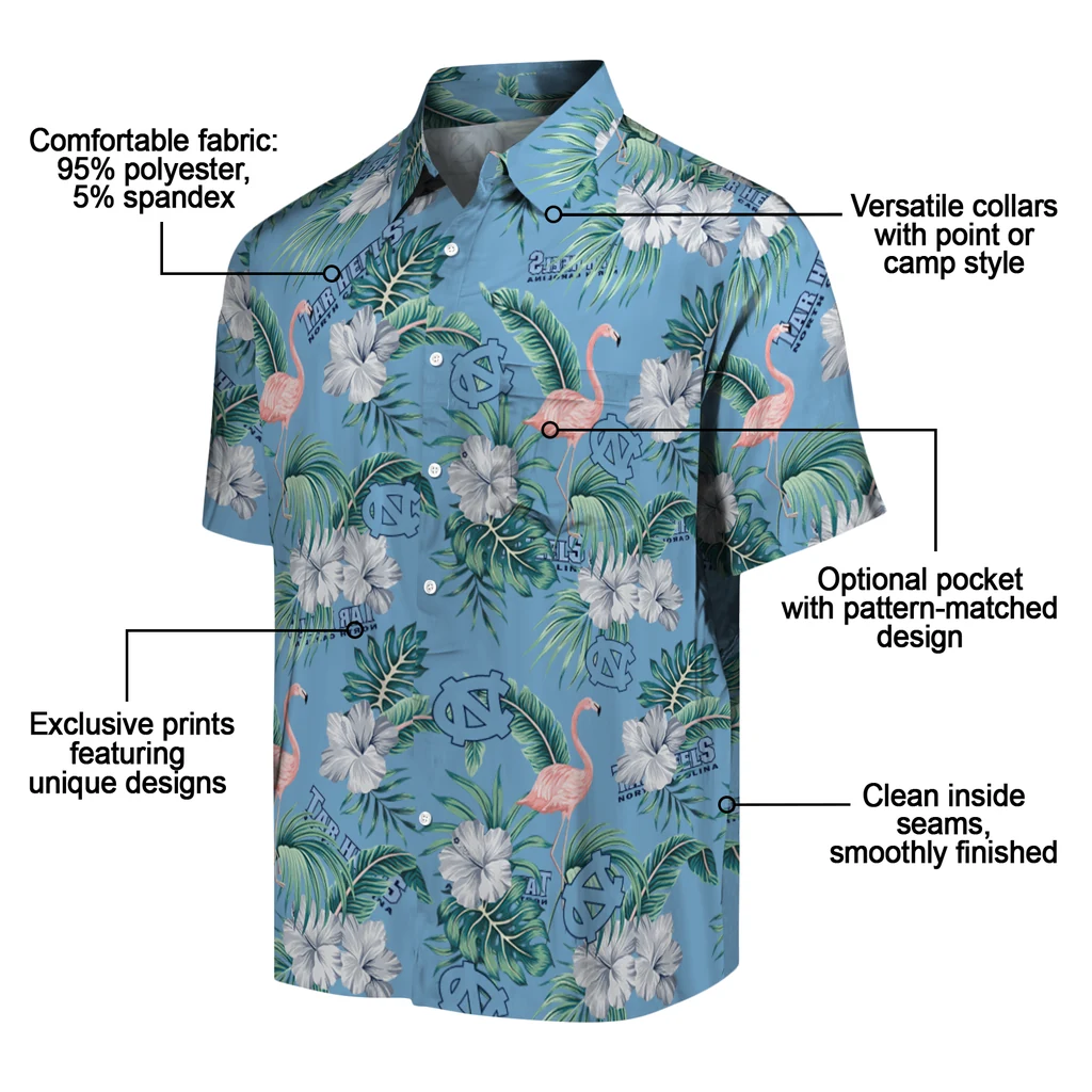 North Carolina Tar Heels Hawaiian Shirt - Flamingo and Hibiscus north carolina tar heels flamingo palms light blue hawaiian shirts new arrival