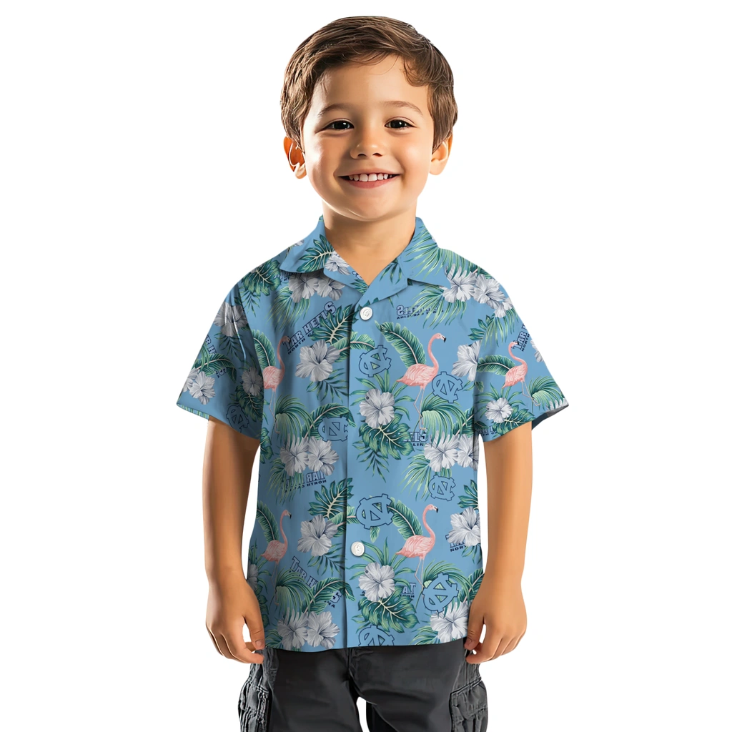 North Carolina Tar Heels Hawaiian Shirt - Flamingo and Hibiscus north carolina tar heels flamingo palms light blue hawaiian shirts top rated