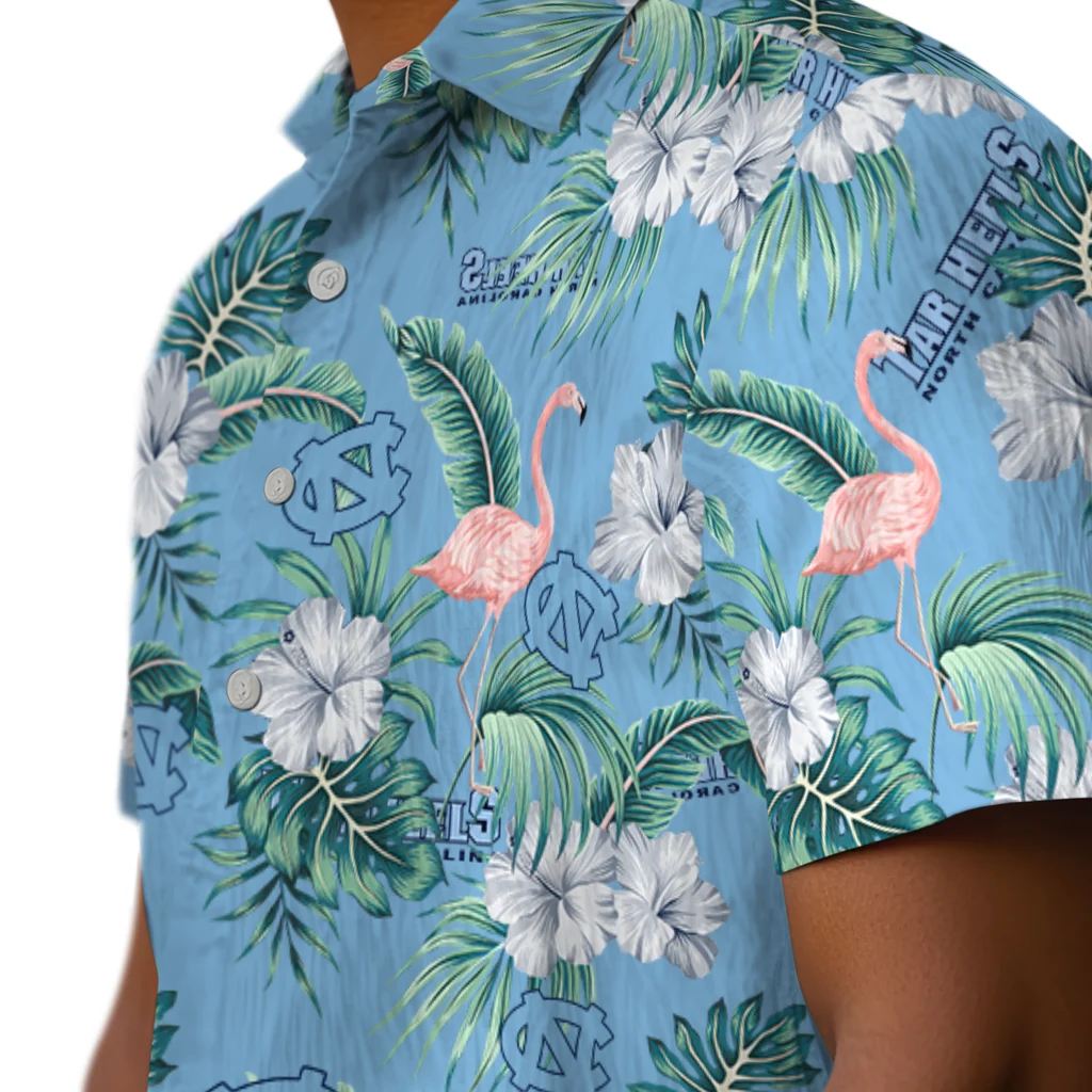 North Carolina Tar Heels Hawaiian Shirt - Flamingo and Hibiscus north carolina tar heels flamingo palms light blue hawaiian shirts trendy