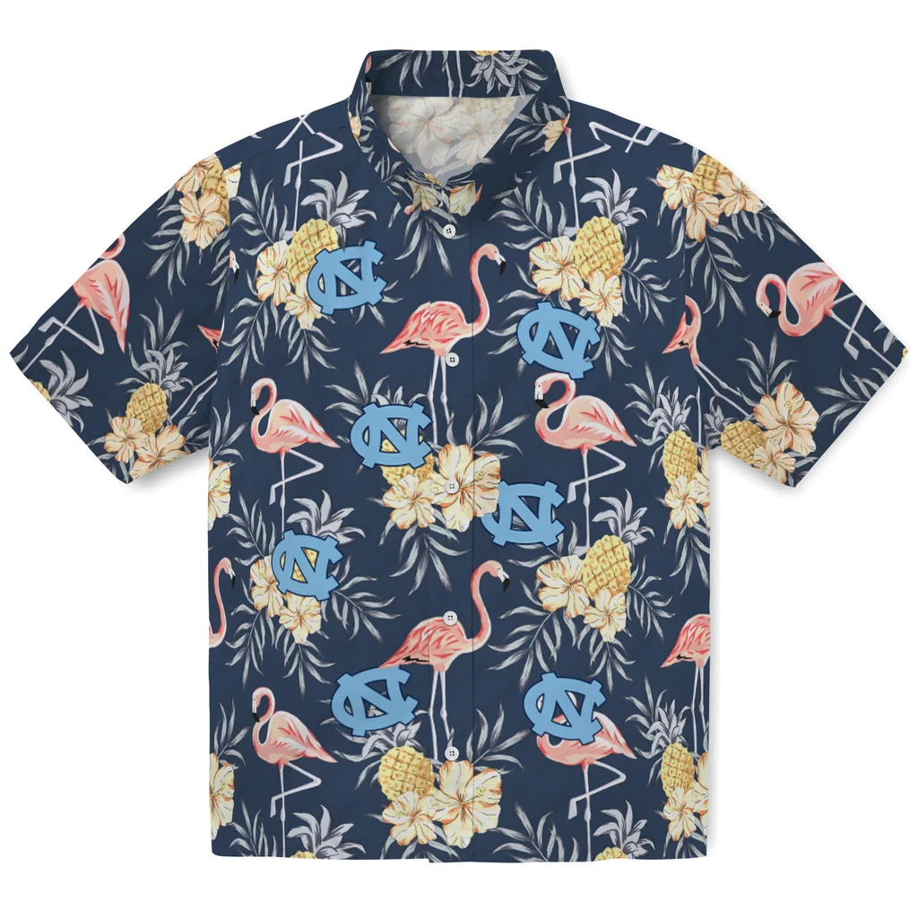 North Carolina Tar Heels Hawaiian Shirt - Flamingo Hibiscus north carolina tar heels flamingo hibiscus navy hawaiian shirts best selling
