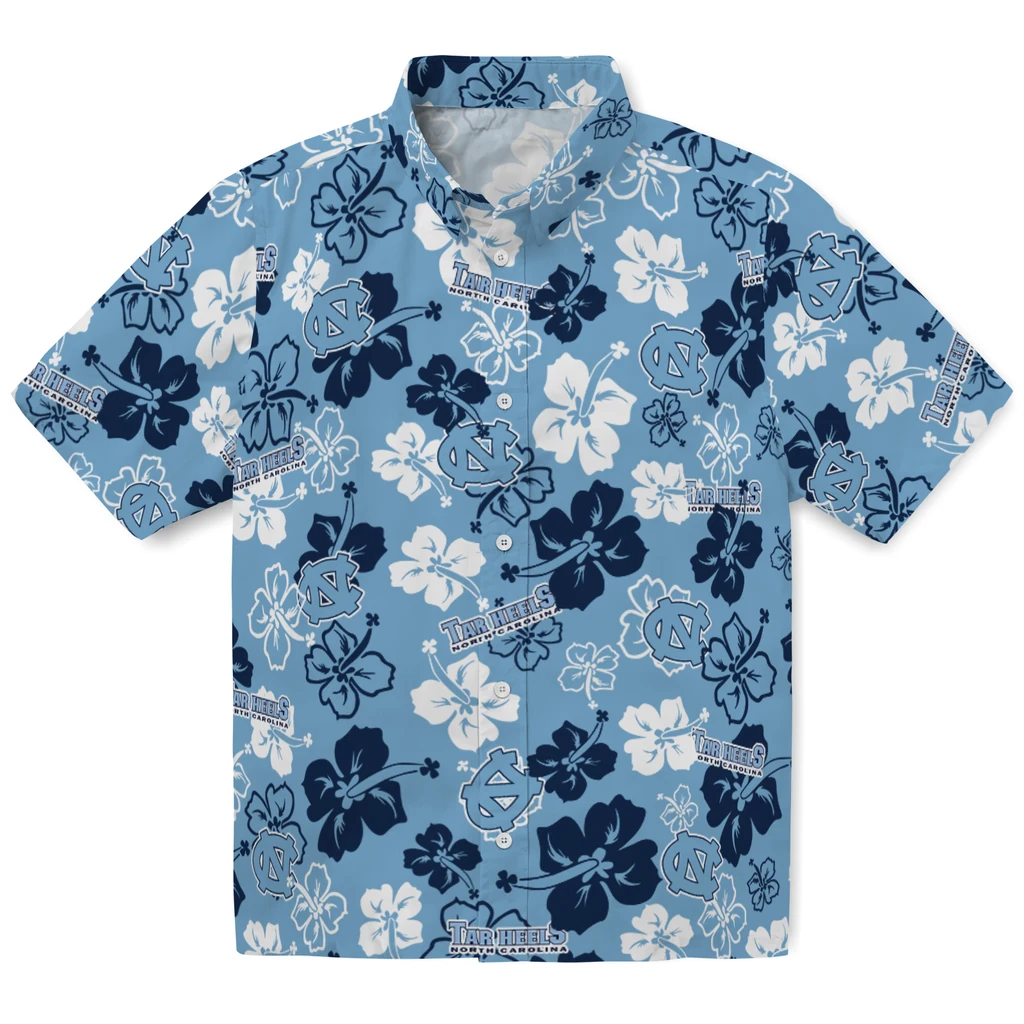 North Carolina Tar Heels Hawaiian Shirt - Hibiscus Flower Design north carolina tar heels hibiscus bloom light blue hawaiian shirts best selling