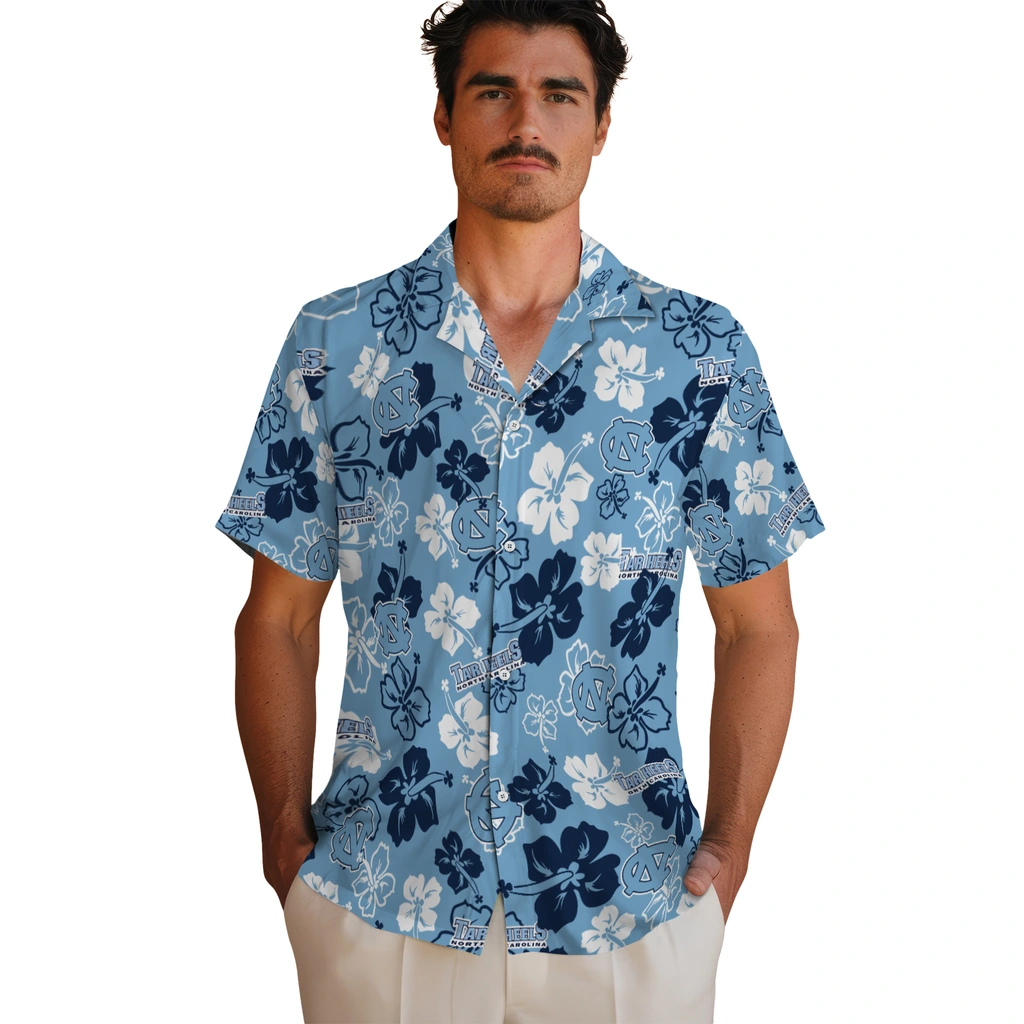 North Carolina Tar Heels Hawaiian Shirt - Hibiscus Flower Design north carolina tar heels hibiscus bloom light blue hawaiian shirts fashion forward