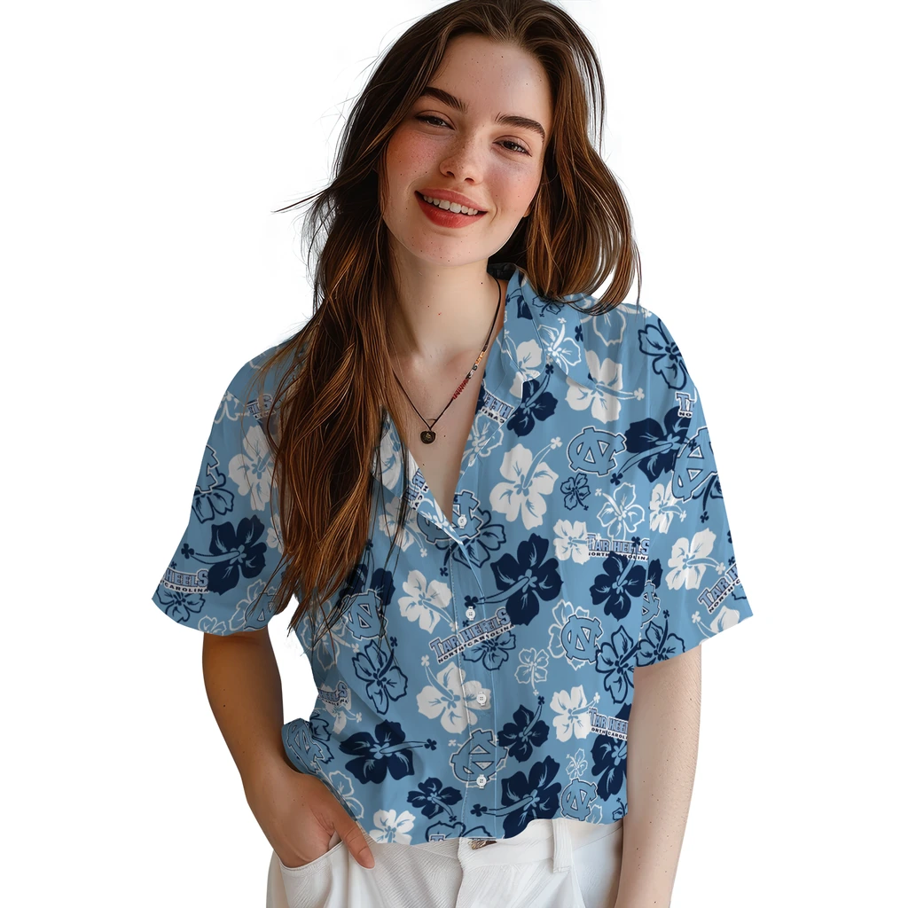 North Carolina Tar Heels Hawaiian Shirt - Hibiscus Flower Design north carolina tar heels hibiscus bloom light blue hawaiian shirts latest model