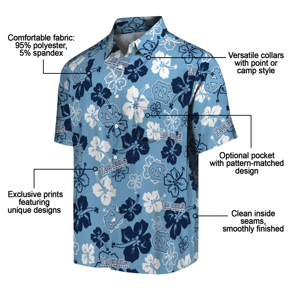 North Carolina Tar Heels Hawaiian Shirt - Hibiscus Flower Design north carolina tar heels hibiscus bloom light blue hawaiian shirts new arrival