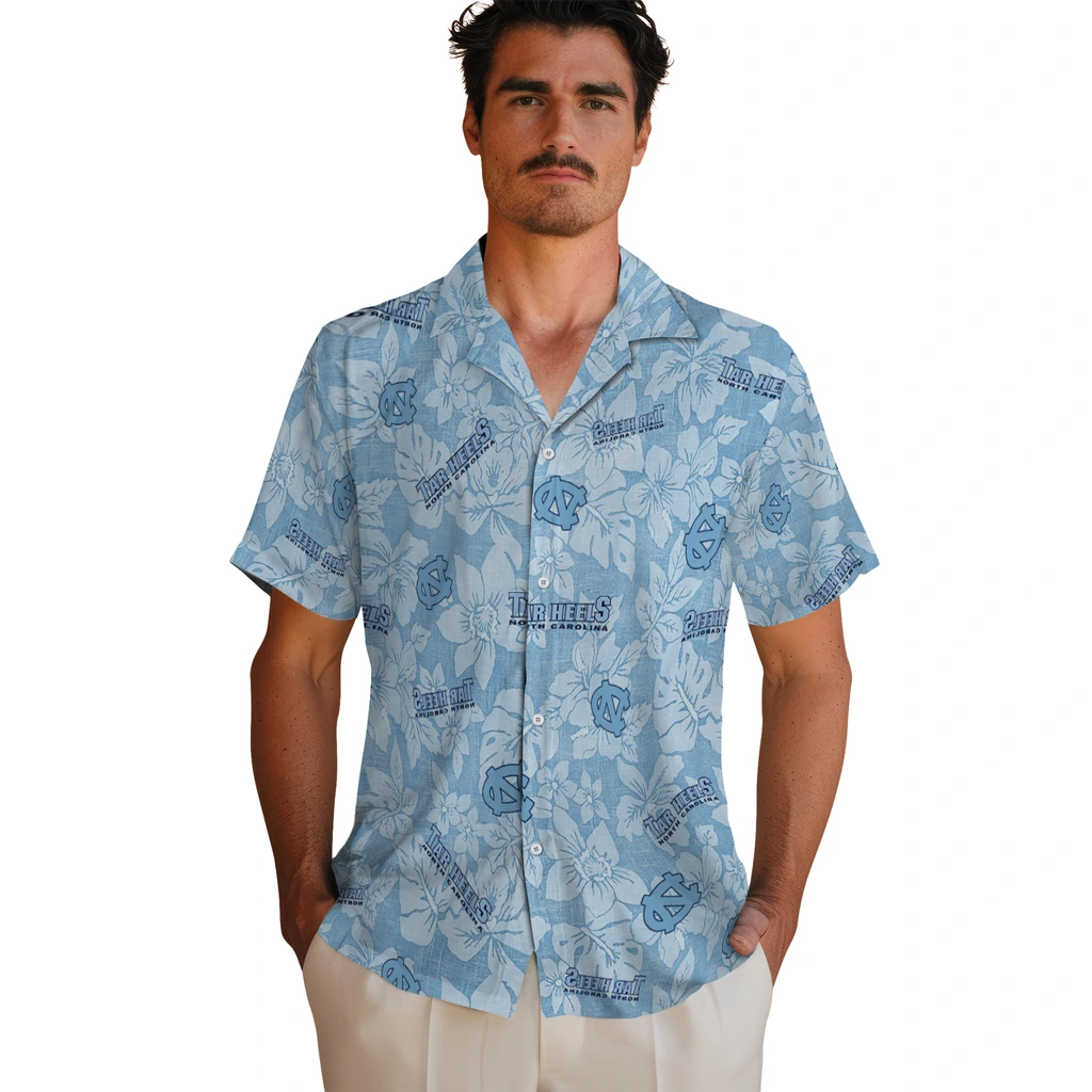 North Carolina Tar Heels Hawaiian Shirt - Hibiscus Oasis north carolina tar heels hibiscus oasis light blue hawaiian shirts fashion forward