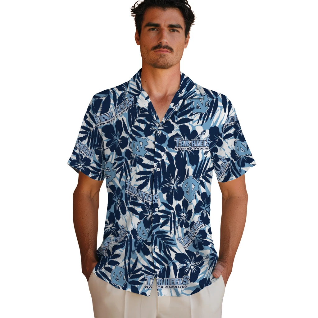 North Carolina Tar Heels Hawaiian Shirt - Hibiscus Overlay north carolina tar heels hibiscus overlay hawaiian shirts fashion forward
