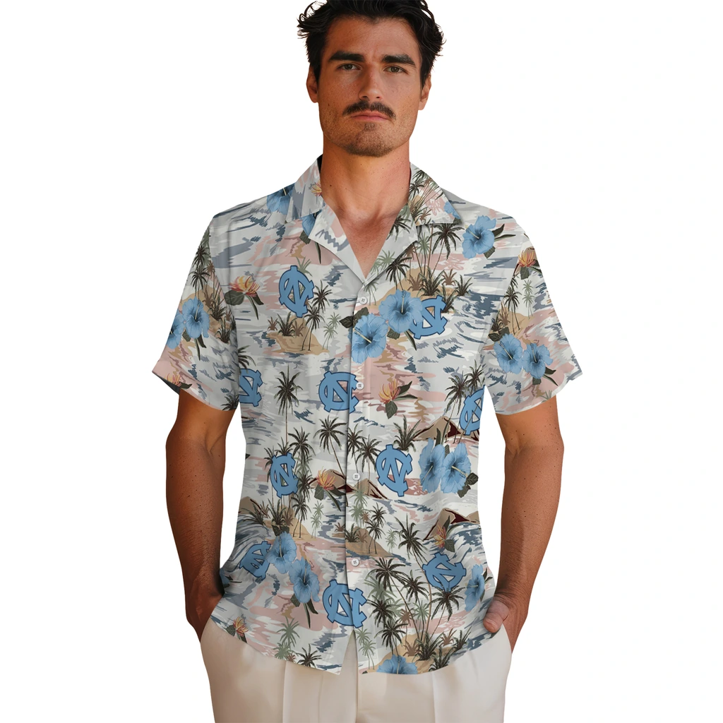 North Carolina Tar Heels Hawaiian Shirt - Hibiscus Seaside north carolina tar heels hibiscus seaside white hawaiian shirts fashion forward