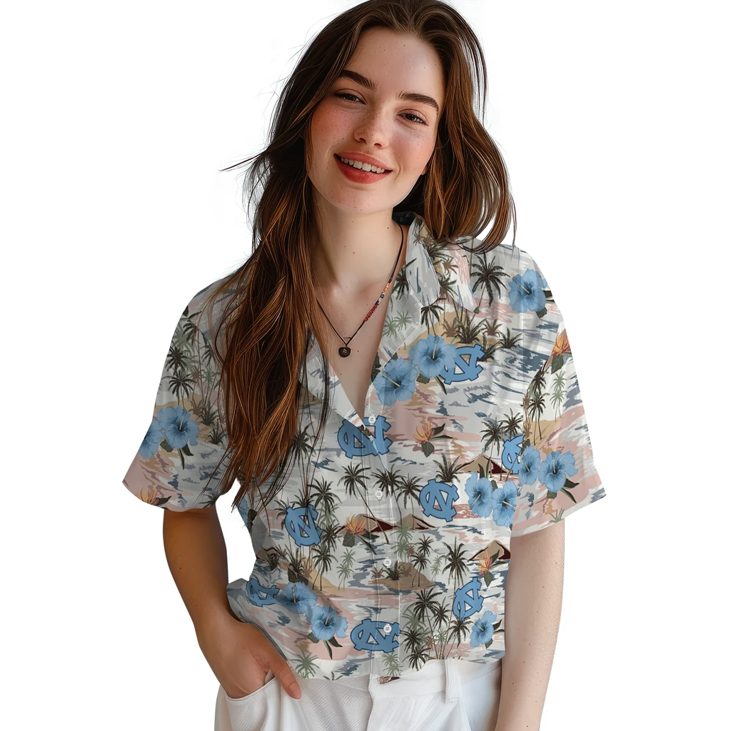 North Carolina Tar Heels Hawaiian Shirt - Hibiscus Seaside north carolina tar heels hibiscus seaside white hawaiian shirts latest model