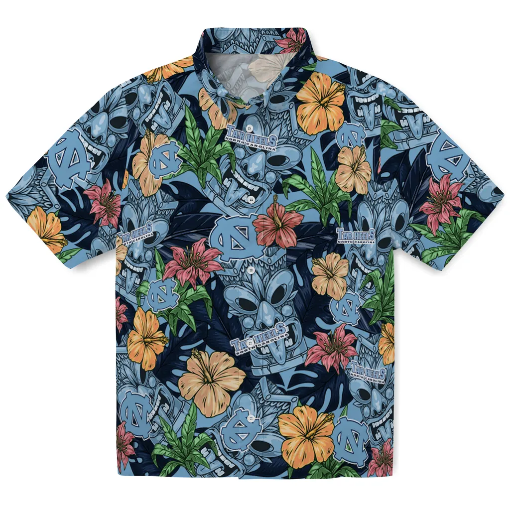 North Carolina Tar Heels Hawaiian Shirt - Hibiscus Tiki Jungle north carolina tar heels tiki jungle light blue hawaiian shirts best selling