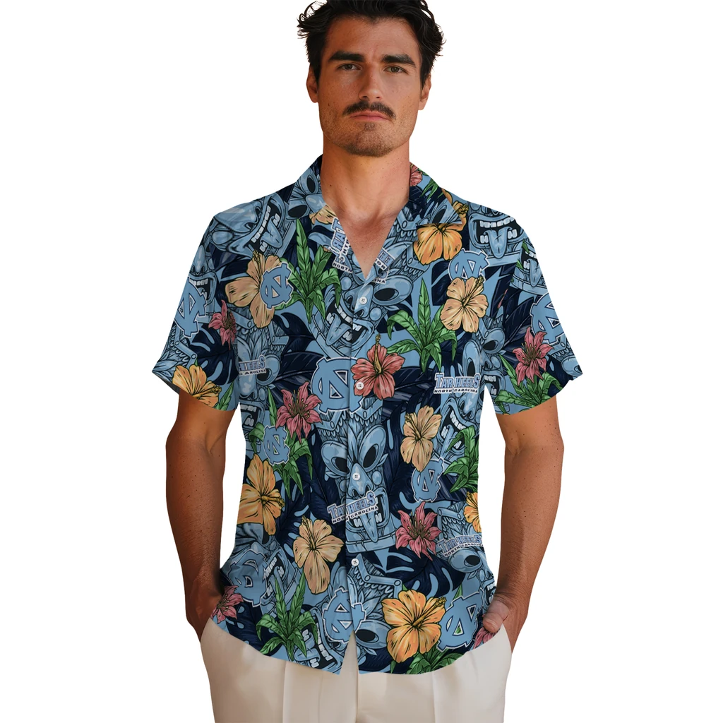 North Carolina Tar Heels Hawaiian Shirt - Hibiscus Tiki Jungle north carolina tar heels tiki jungle light blue hawaiian shirts fashion forward