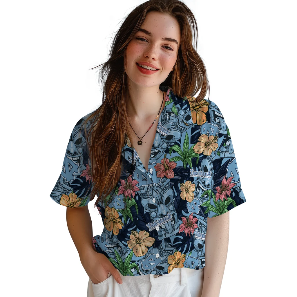 North Carolina Tar Heels Hawaiian Shirt - Hibiscus Tiki Jungle north carolina tar heels tiki jungle light blue hawaiian shirts latest model