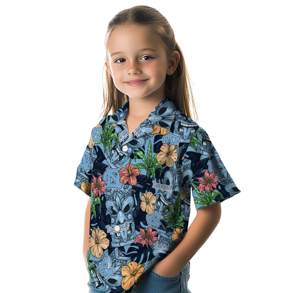 North Carolina Tar Heels Hawaiian Shirt - Hibiscus Tiki Jungle north carolina tar heels tiki jungle light blue hawaiian shirts premium grade