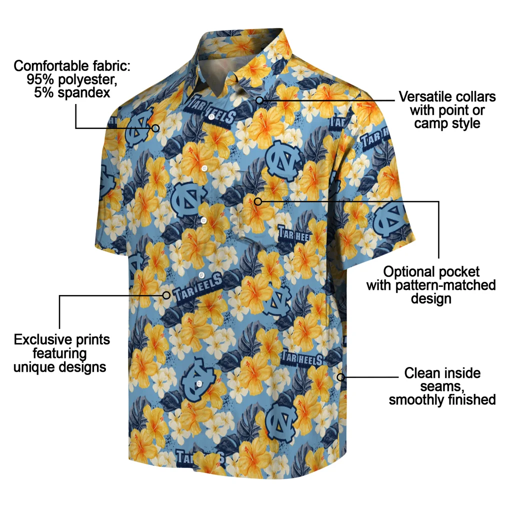North Carolina Tar Heels Hawaiian Shirt - Hibiscus Tropics north carolina tar heels hibiscus tropics light blue yellow hawaiian shirts new arrival