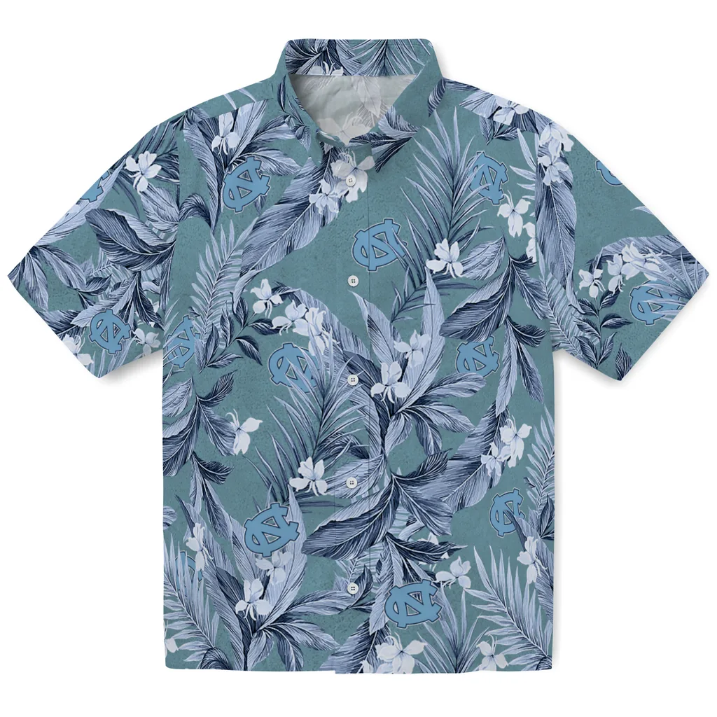North Carolina Tar Heels Hawaiian Shirt - Palm Leaves north carolina tar heels palm leaves light blue hawaiian shirts best selling