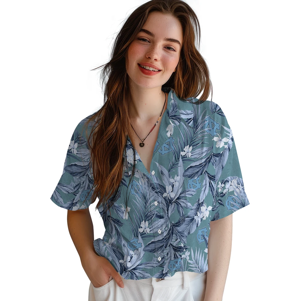 North Carolina Tar Heels Hawaiian Shirt - Palm Leaves north carolina tar heels palm leaves light blue hawaiian shirts latest model