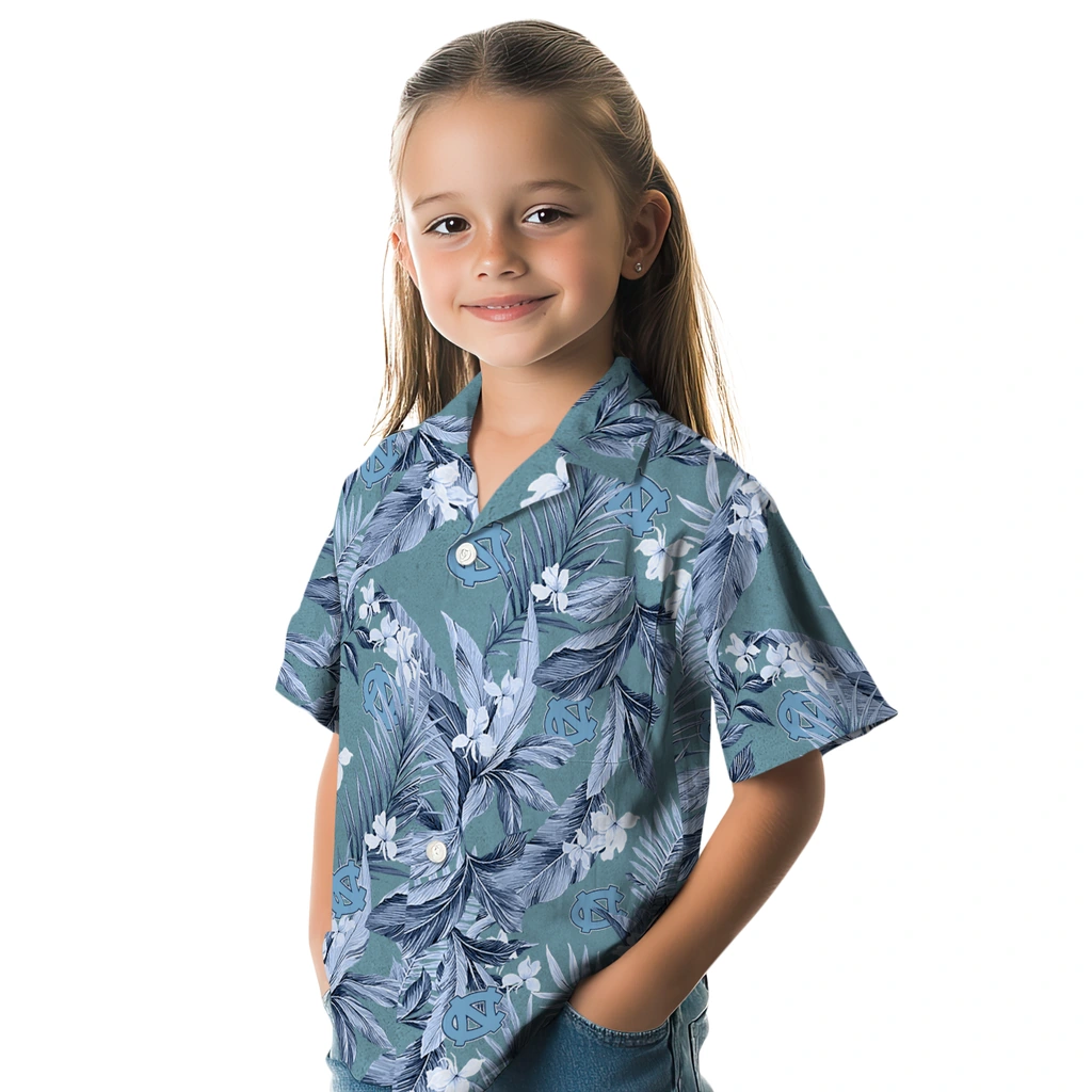 North Carolina Tar Heels Hawaiian Shirt - Palm Leaves north carolina tar heels palm leaves light blue hawaiian shirts premium grade