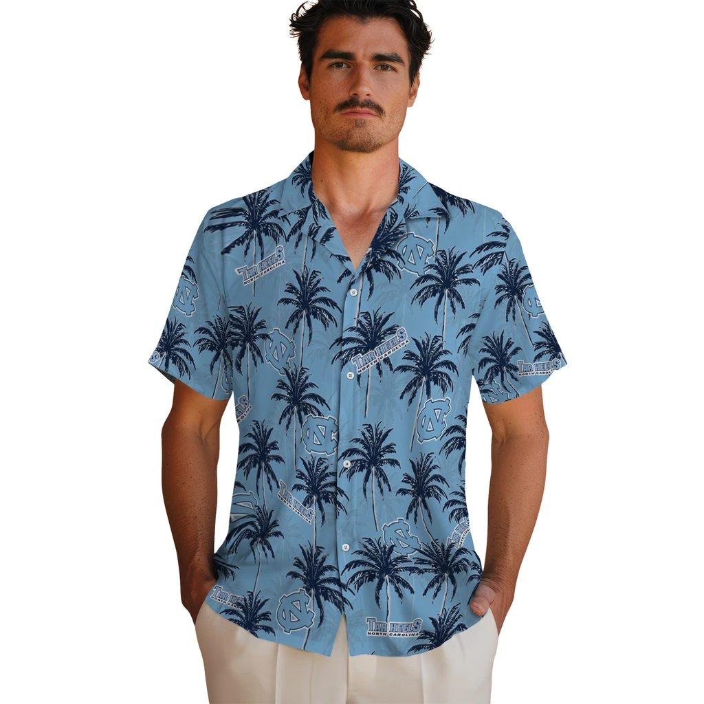 North Carolina Tar Heels Hawaiian Shirt - Palm Tree Motif north carolina tar heels palm grove light blue hawaiian shirts fashion forward