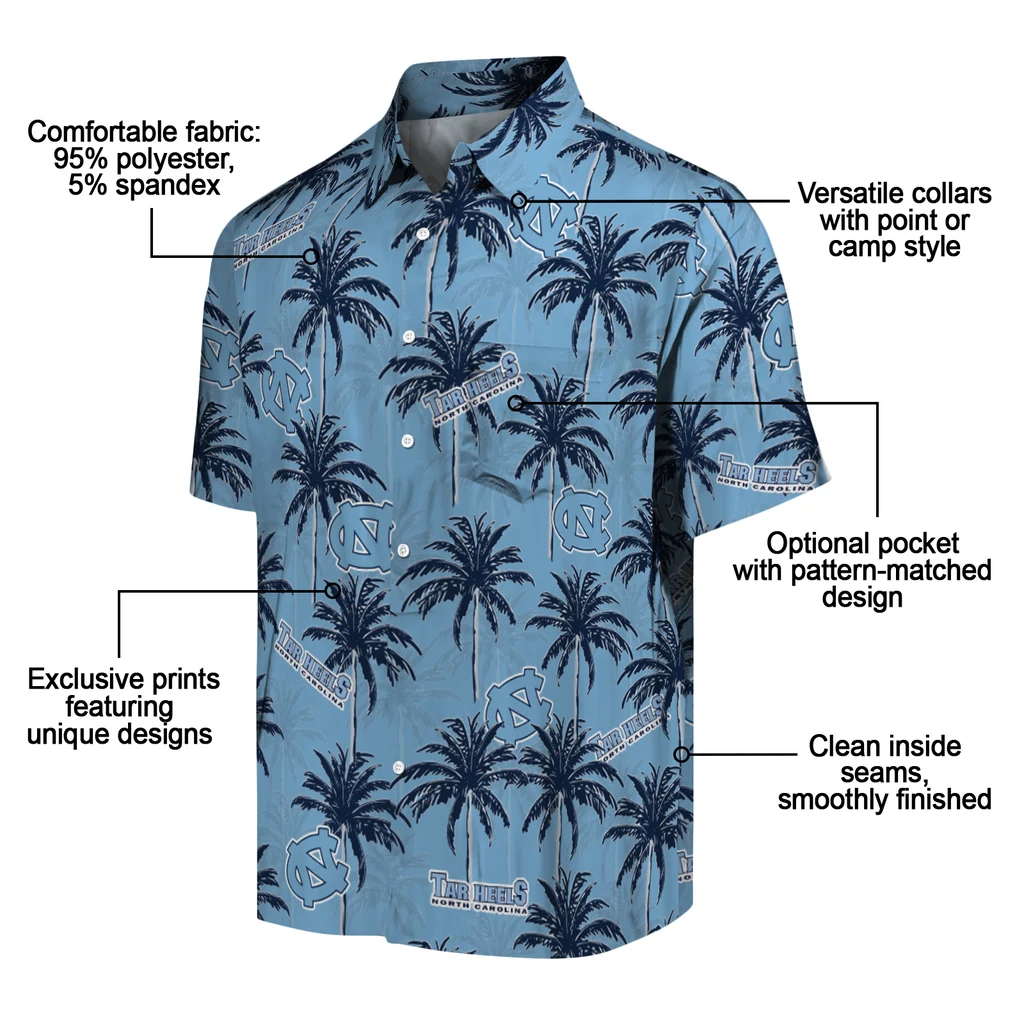 North Carolina Tar Heels Hawaiian Shirt - Palm Tree Motif north carolina tar heels palm grove light blue hawaiian shirts new arrival