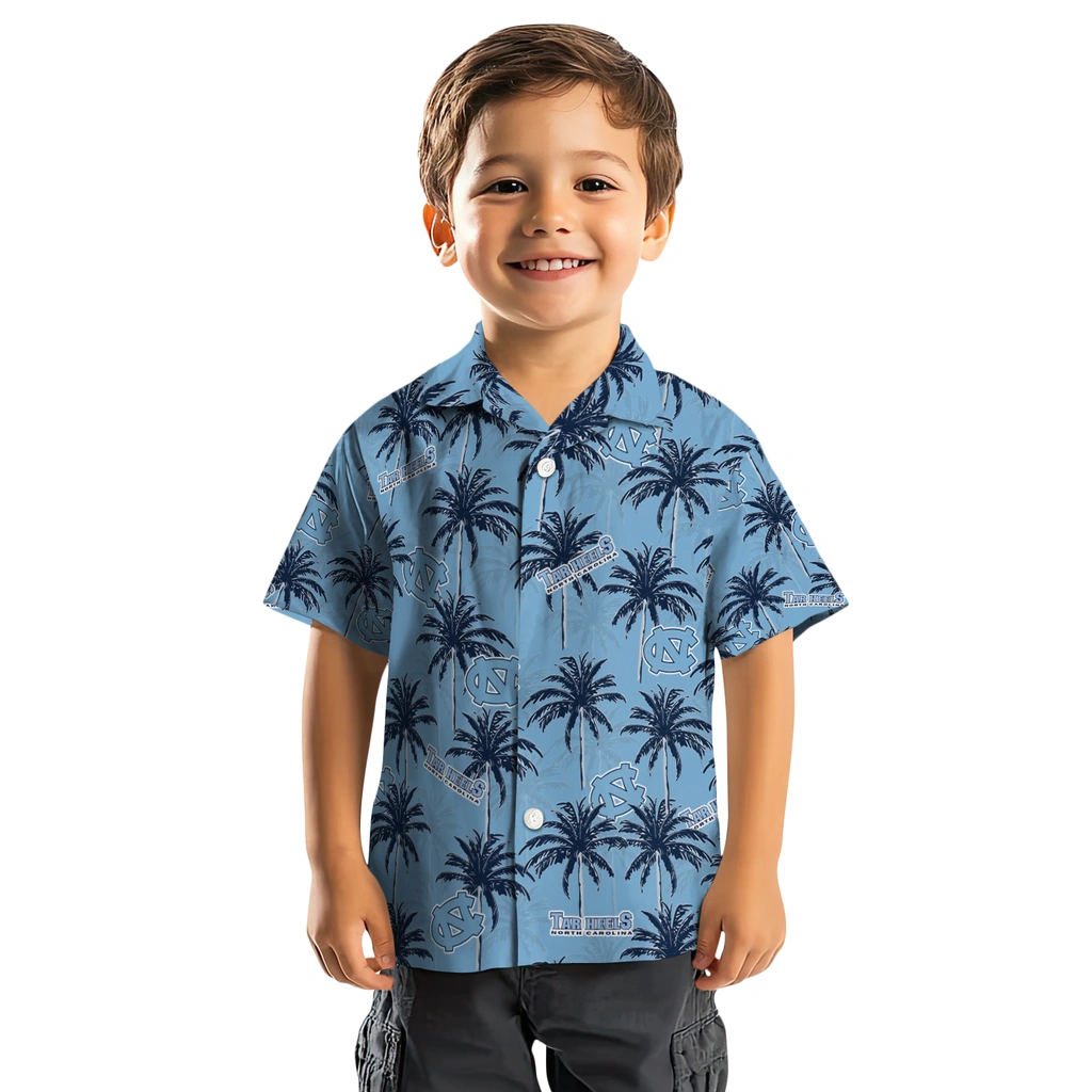 North Carolina Tar Heels Hawaiian Shirt - Palm Tree Motif north carolina tar heels palm grove light blue hawaiian shirts top rated