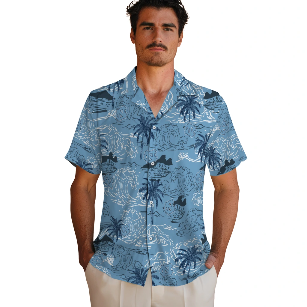 North Carolina Tar Heels Hawaiian Shirt - Wave Palm north carolina tar heels wave palm light blue hawaiian shirts fashion forward