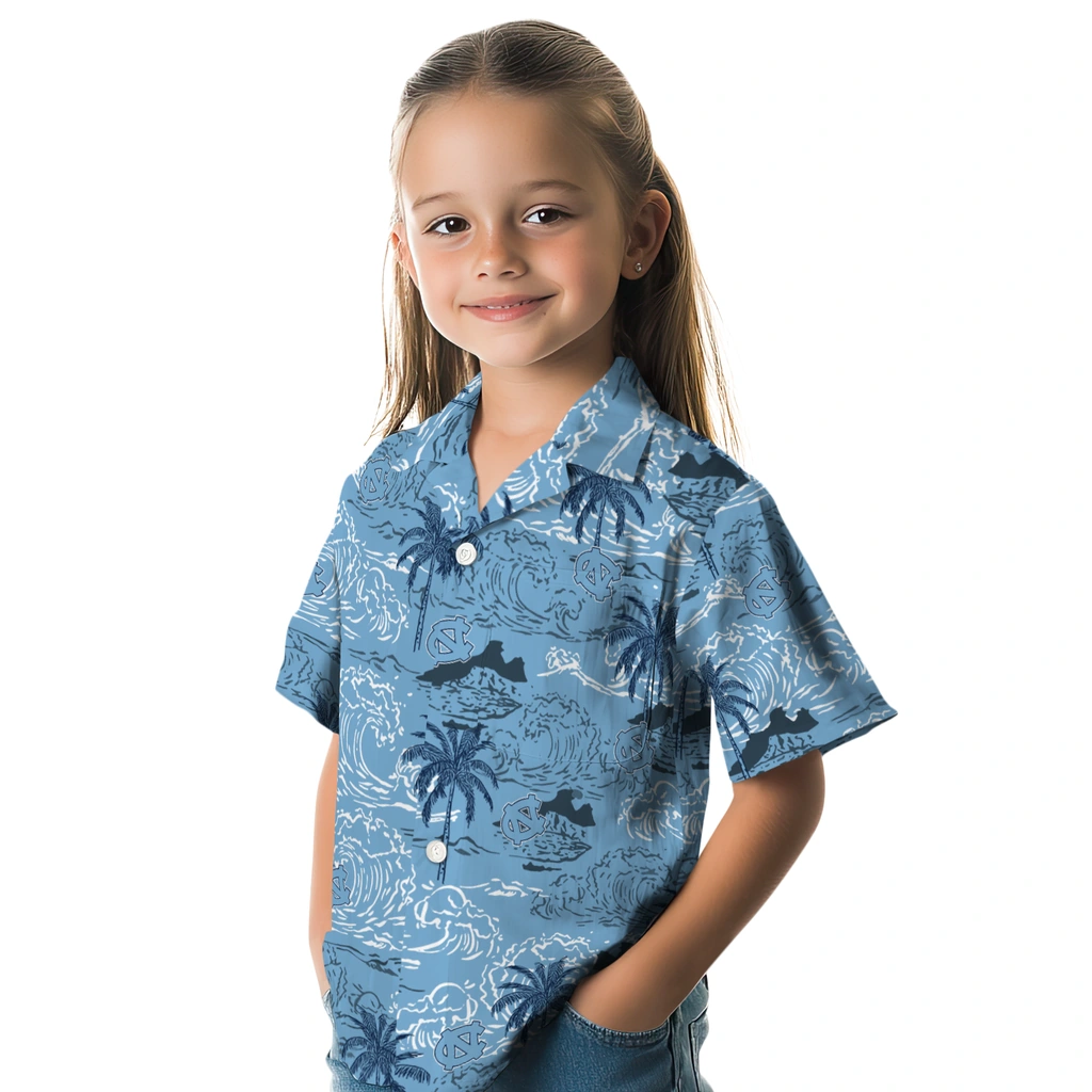 North Carolina Tar Heels Hawaiian Shirt - Wave Palm north carolina tar heels wave palm light blue hawaiian shirts premium grade