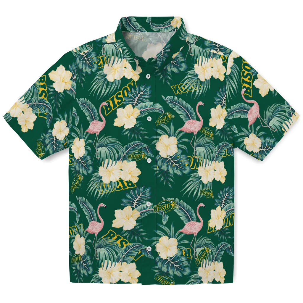 North Dakota State Bison Hawaiian Shirt - Flamingo and Hibiscus north dakota state bison flamingo palms green hawaiian shirts best selling