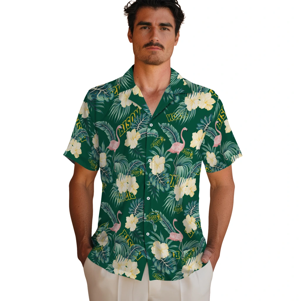 North Dakota State Bison Hawaiian Shirt - Flamingo and Hibiscus north dakota state bison flamingo palms green hawaiian shirts fashion forward