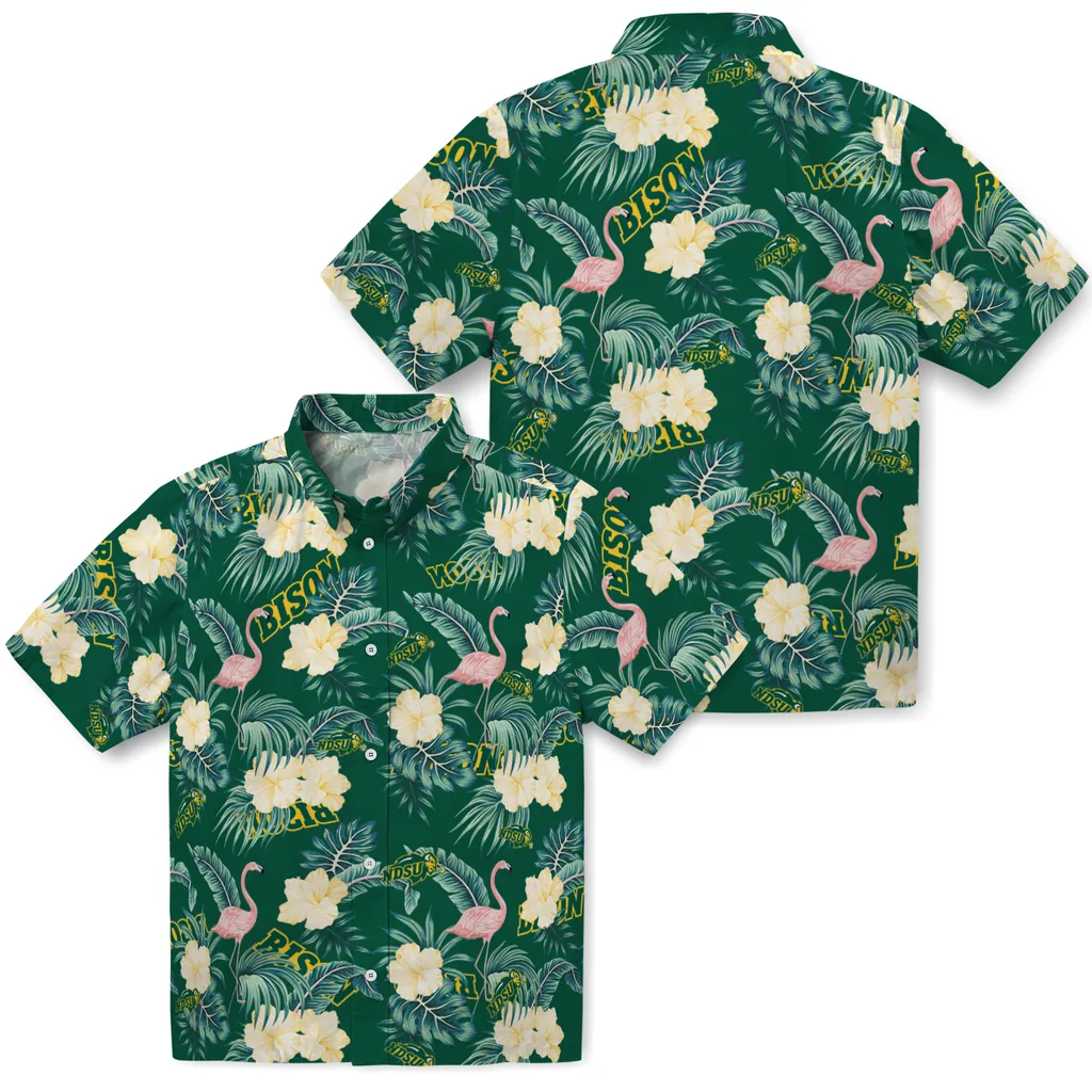 North Dakota State Bison Hawaiian Shirt - Flamingo and Hibiscus north dakota state bison flamingo palms green hawaiian shirts high quality
