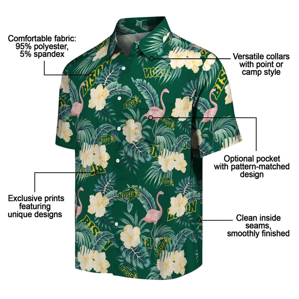 North Dakota State Bison Hawaiian Shirt - Flamingo and Hibiscus north dakota state bison flamingo palms green hawaiian shirts new arrival