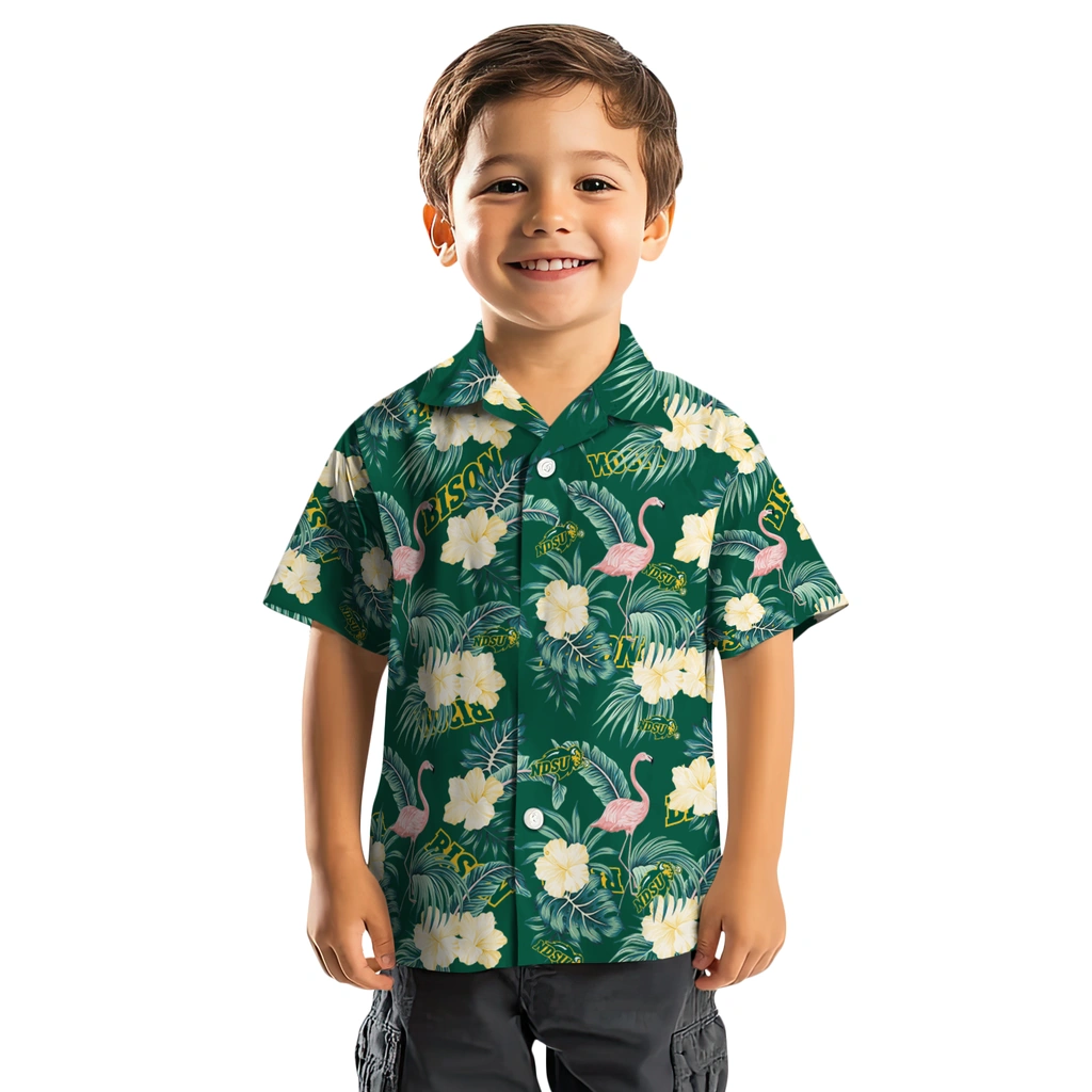 North Dakota State Bison Hawaiian Shirt - Flamingo and Hibiscus north dakota state bison flamingo palms green hawaiian shirts top rated