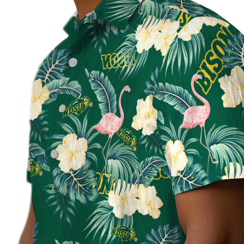 North Dakota State Bison Hawaiian Shirt - Flamingo and Hibiscus north dakota state bison flamingo palms green hawaiian shirts trendy