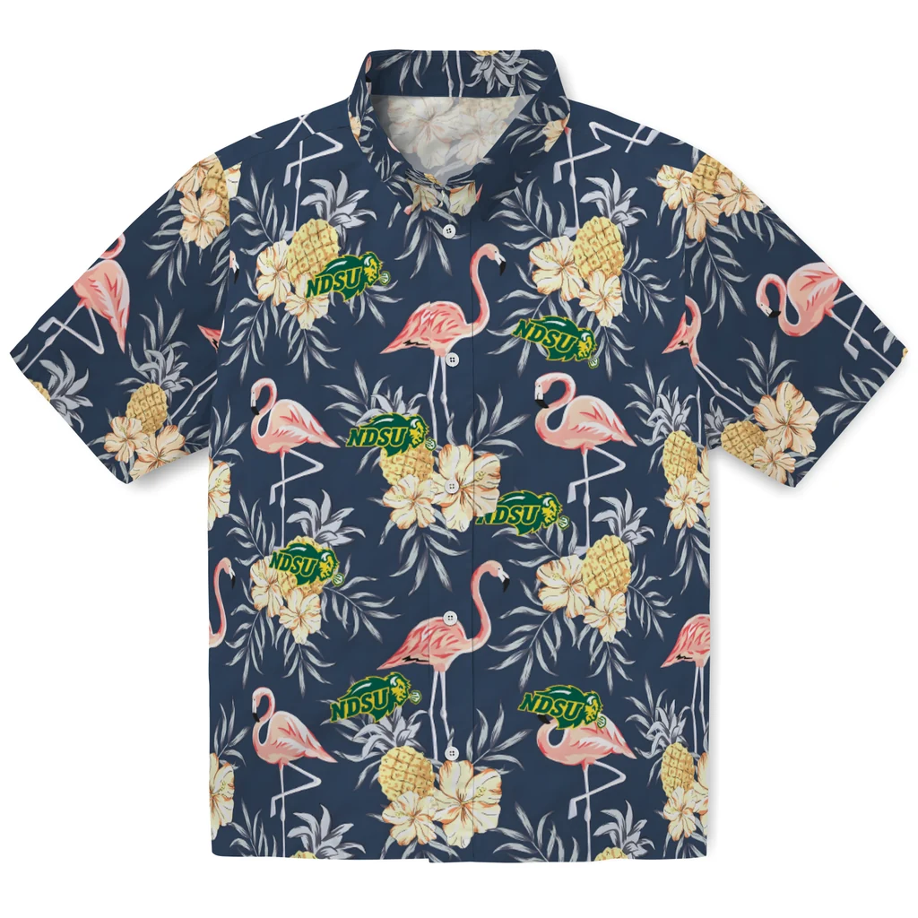 North Dakota State Bison Hawaiian Shirt - Flamingo Hibiscus north dakota state bison flamingo hibiscus navy hawaiian shirts best selling