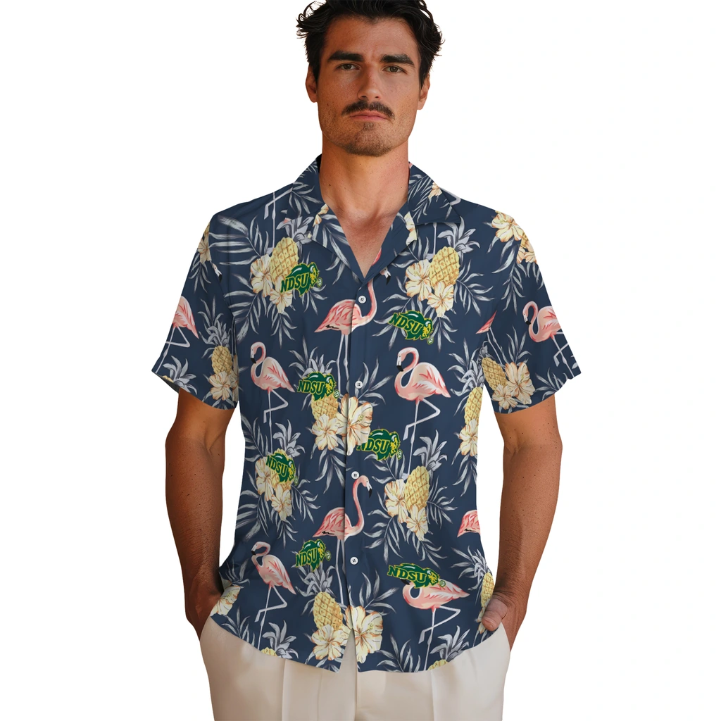 North Dakota State Bison Hawaiian Shirt - Flamingo Hibiscus north dakota state bison flamingo hibiscus navy hawaiian shirts fashion forward