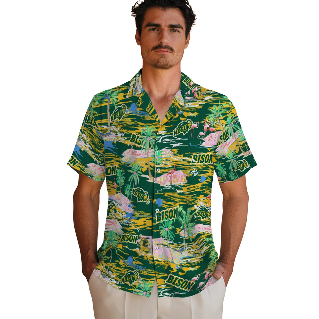 North Dakota State Bison Hawaiian Shirt - Hawaii Island north dakota state bison flamingo retreat green hawaiian shirts fashion forward