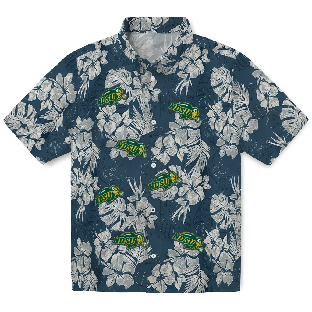 North Dakota State Bison Hawaiian Shirt - Hibiscus Flowers north dakota state bison hibiscus flowers navy blue hawaiian shirts best selling
