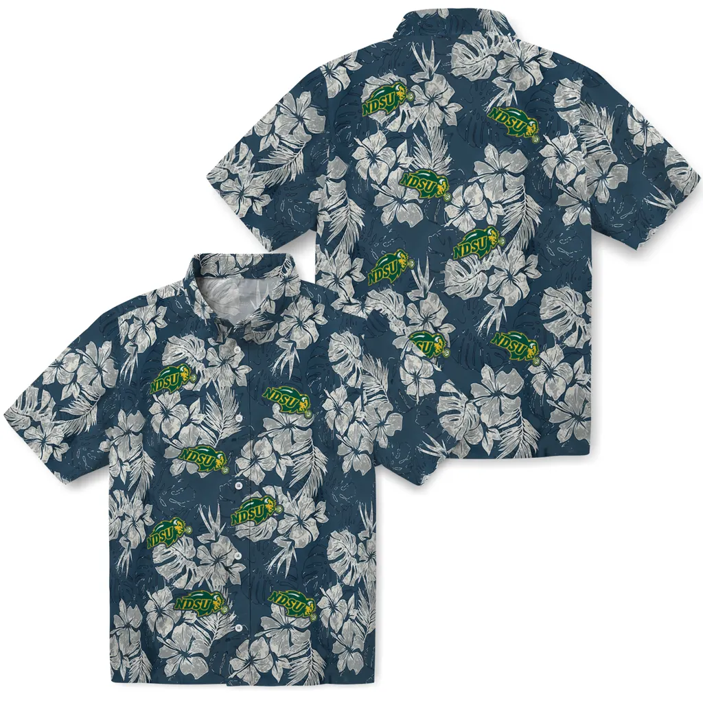 North Dakota State Bison Hawaiian Shirt - Hibiscus Flowers north dakota state bison hibiscus flowers navy blue hawaiian shirts high quality