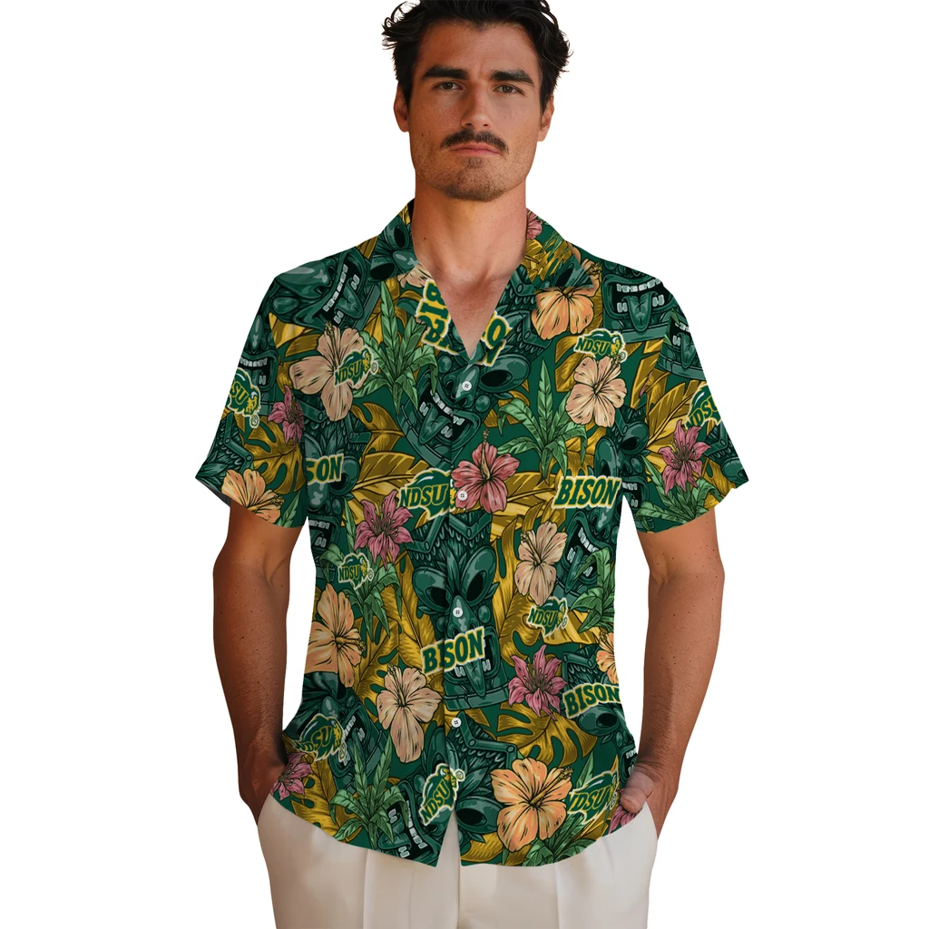 North Dakota State Bison Hawaiian Shirt - Hibiscus Tiki Jungle north dakota state bison tiki jungle green hawaiian shirts fashion forward