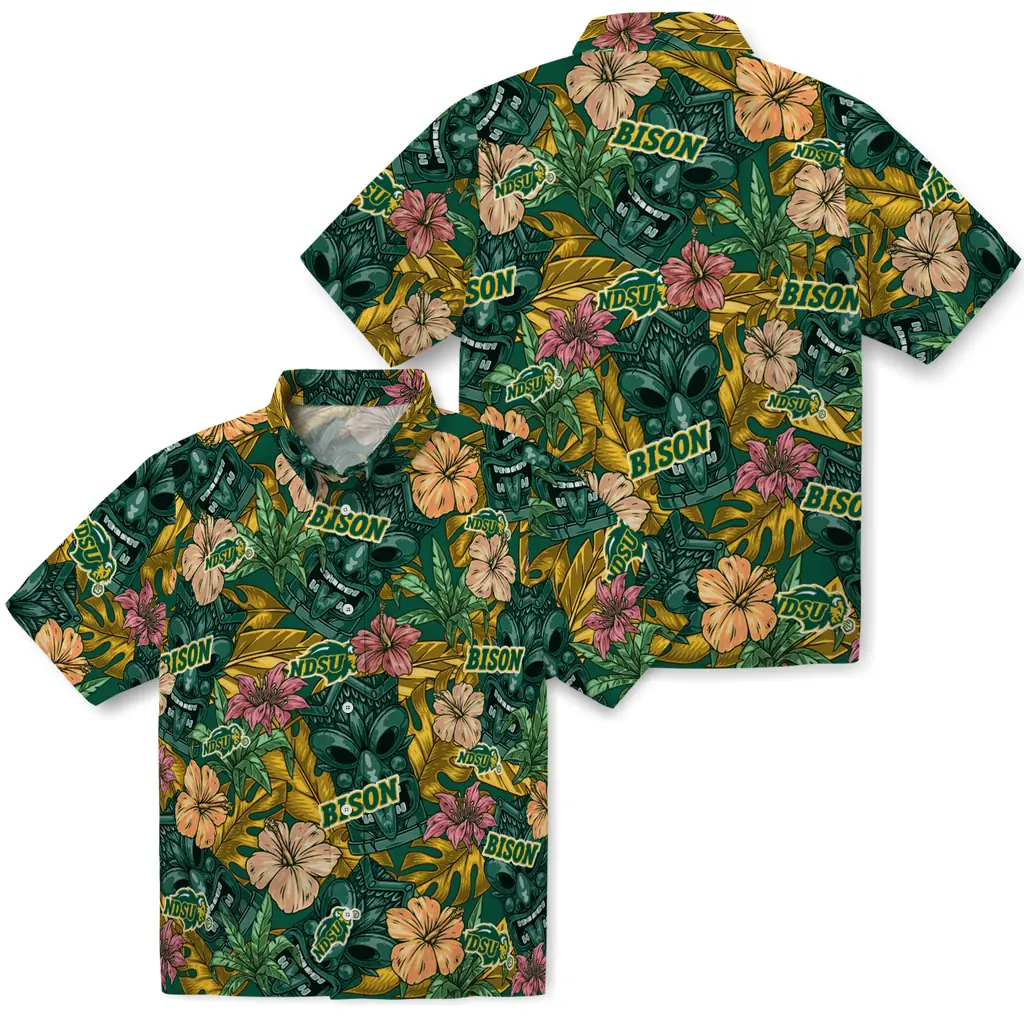North Dakota State Bison Hawaiian Shirt - Hibiscus Tiki Jungle north dakota state bison tiki jungle green hawaiian shirts high quality