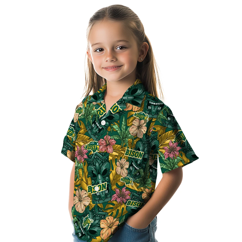 North Dakota State Bison Hawaiian Shirt - Hibiscus Tiki Jungle north dakota state bison tiki jungle green hawaiian shirts premium grade