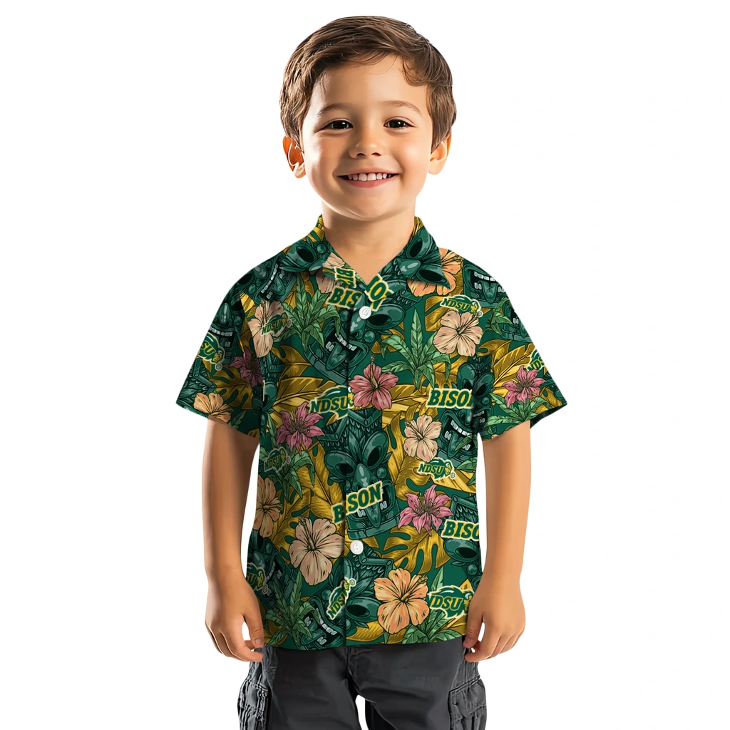 North Dakota State Bison Hawaiian Shirt - Hibiscus Tiki Jungle north dakota state bison tiki jungle green hawaiian shirts top rated