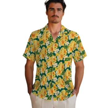 north dakota state bison hibiscus tropics green yellow hawaiian shirts fashion forward