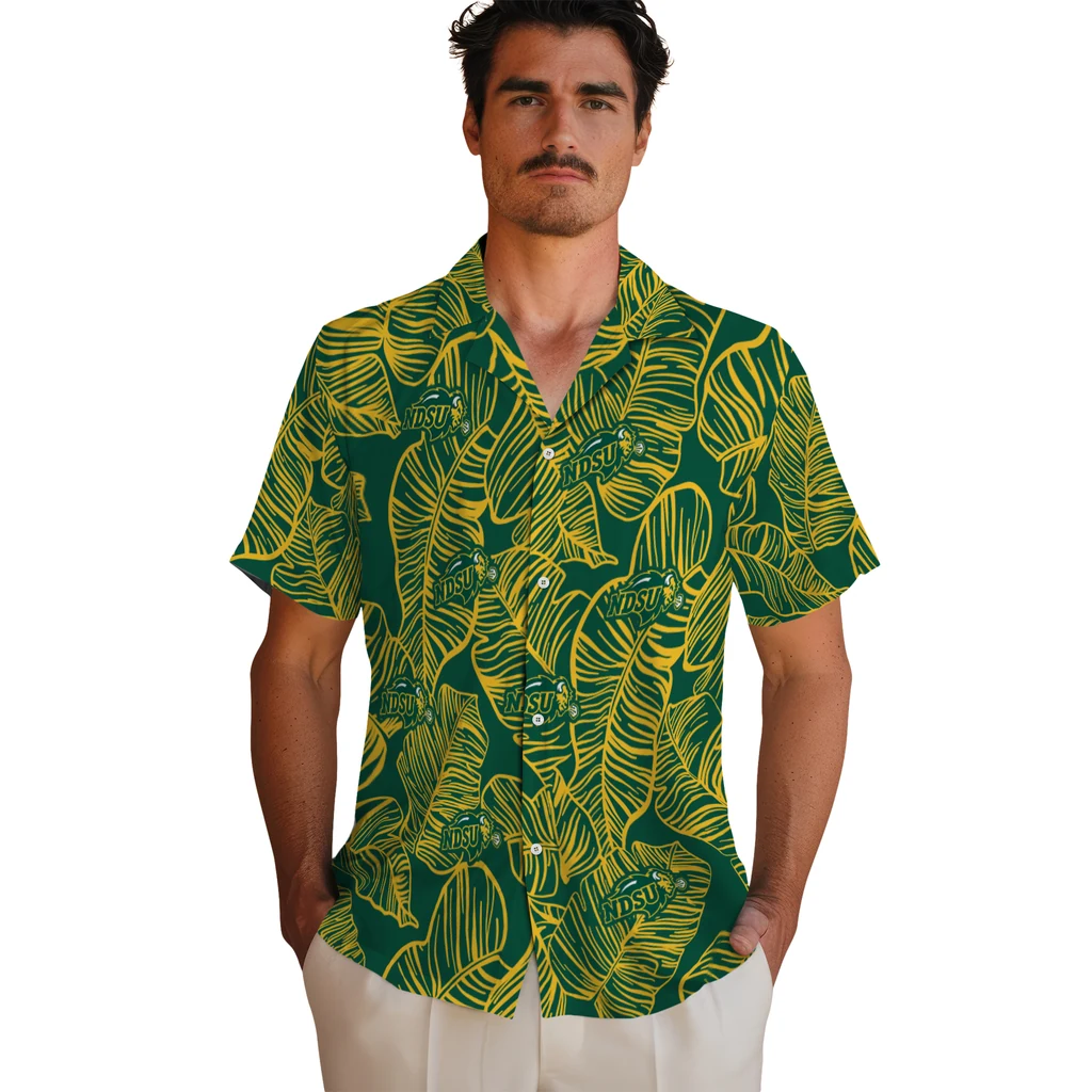 North Dakota State Bison Hawaiian Shirt - Leaf Outline north dakota state bison leaf outline green hawaiian shirts fashion forward