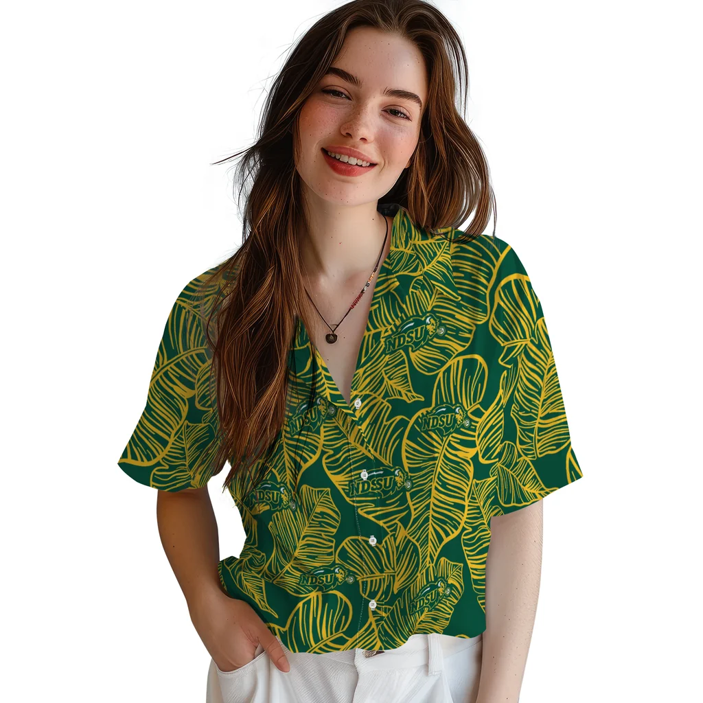North Dakota State Bison Hawaiian Shirt - Leaf Outline north dakota state bison leaf outline green hawaiian shirts latest model