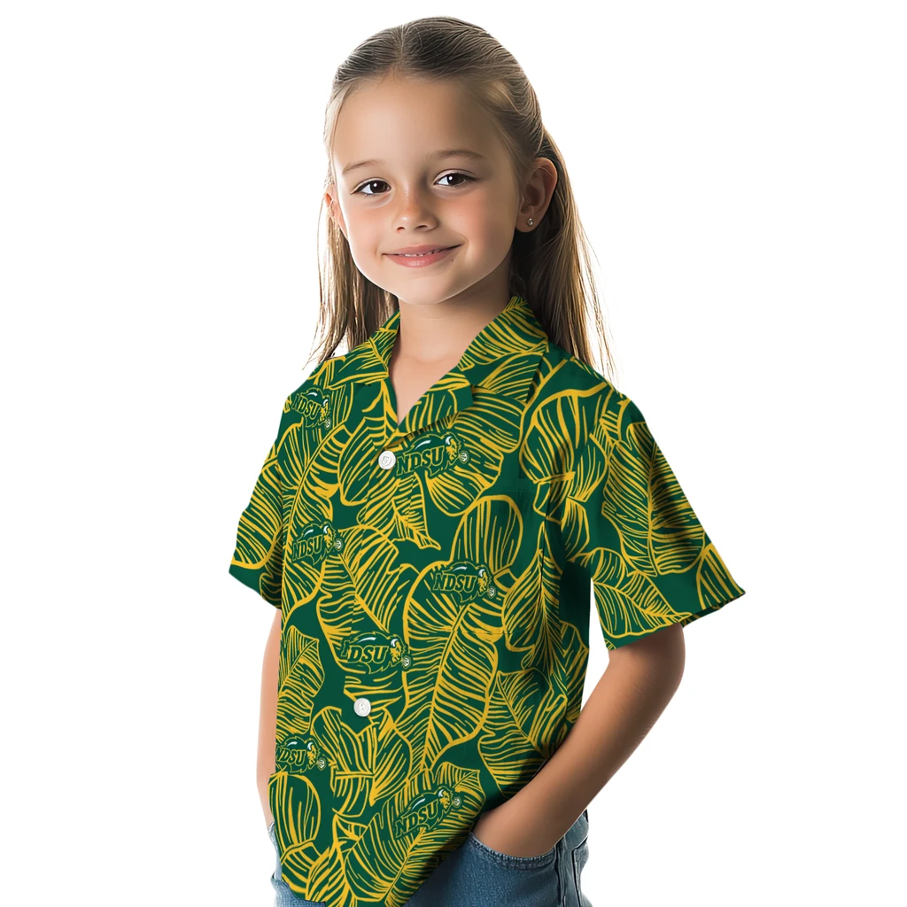North Dakota State Bison Hawaiian Shirt - Leaf Outline north dakota state bison leaf outline green hawaiian shirts premium grade