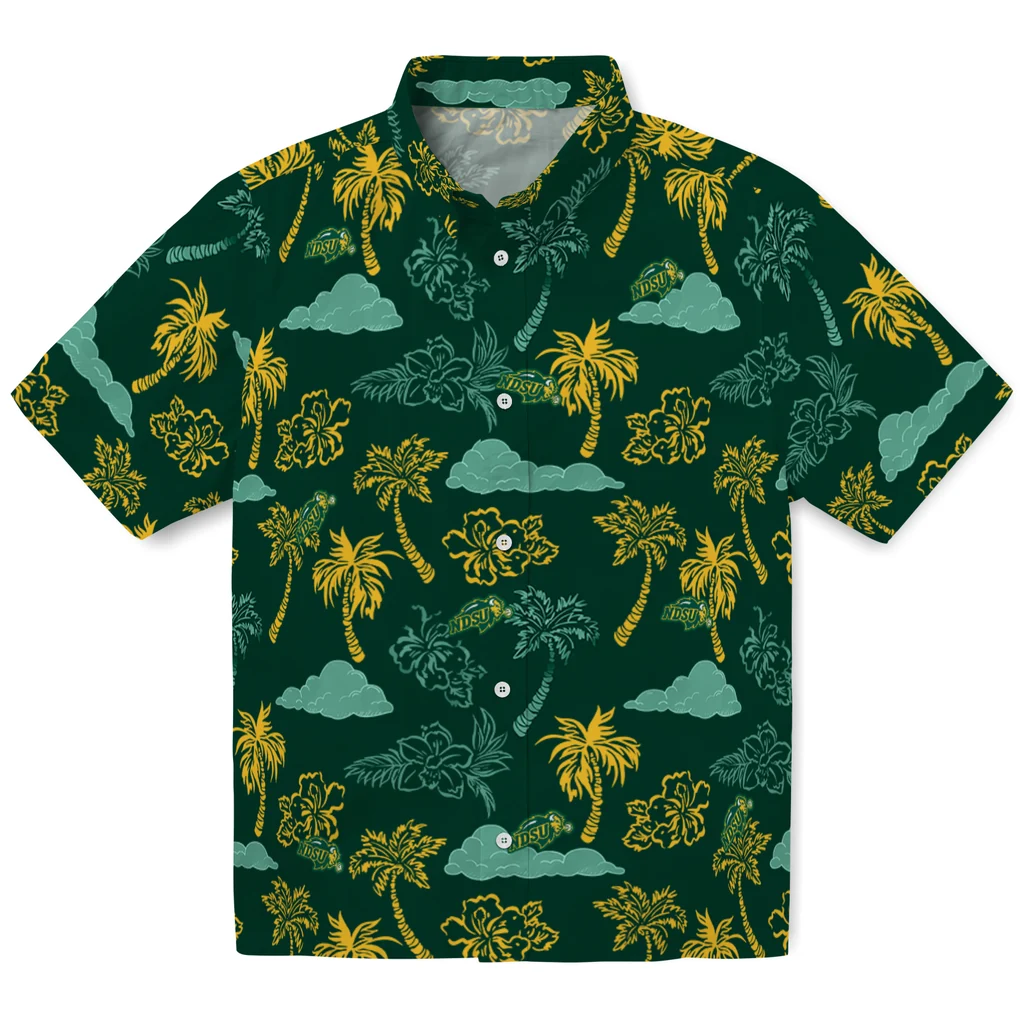 North Dakota State Bison Hawaiian Shirt - Palm And Clouds north dakota state bison palm and clouds green hawaiian shirts best selling