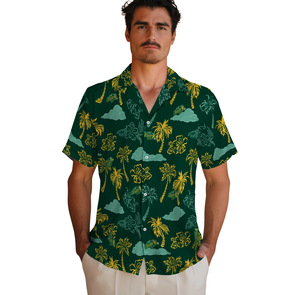 North Dakota State Bison Hawaiian Shirt - Palm And Clouds north dakota state bison palm and clouds green hawaiian shirts fashion forward