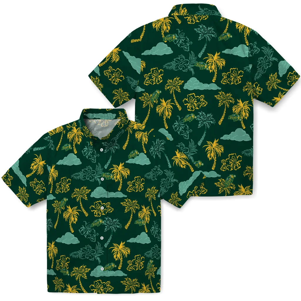 North Dakota State Bison Hawaiian Shirt - Palm And Clouds north dakota state bison palm and clouds green hawaiian shirts high quality