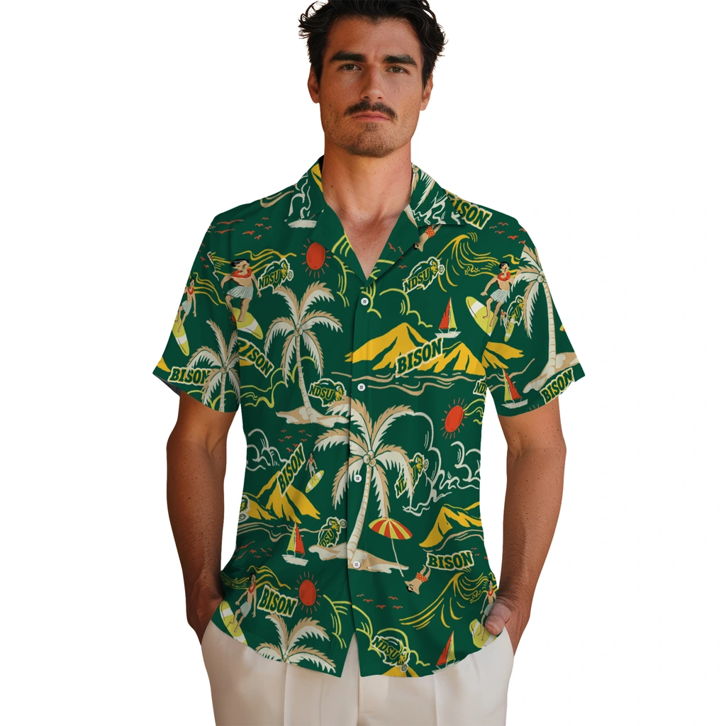 North Dakota State Bison Hawaiian Shirt - Palm Tree Island north dakota state bison palm tree island green hawaiian shirts fashion forward