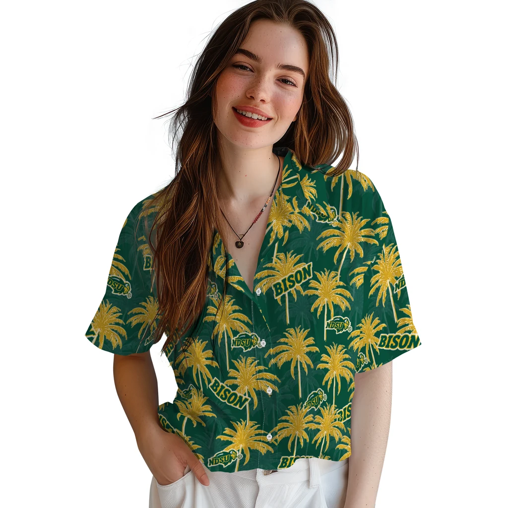 North Dakota State Bison Hawaiian Shirt - Palm Tree Motif north dakota state bison palm grove green hawaiian shirts latest model
