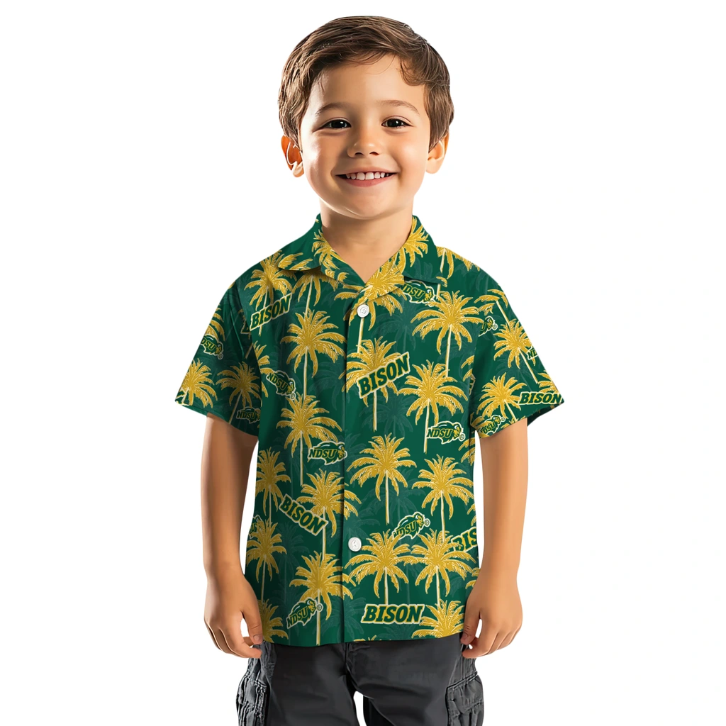 North Dakota State Bison Hawaiian Shirt - Palm Tree Motif north dakota state bison palm grove green hawaiian shirts top rated